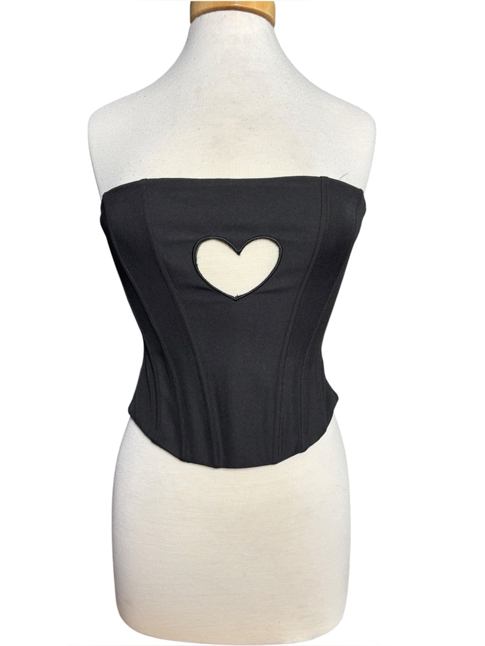 White Fox Black Strapless Corset Top with Heart Cutout & Front Zip Size Small - Picture 2 of 5
